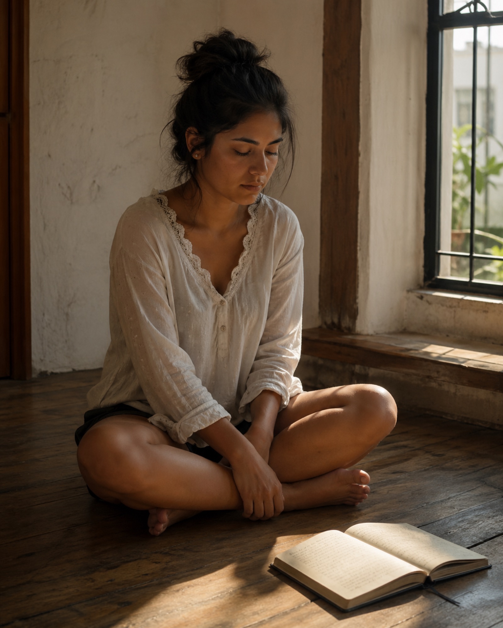 A young woman sitting in quiet prayer in morning light.