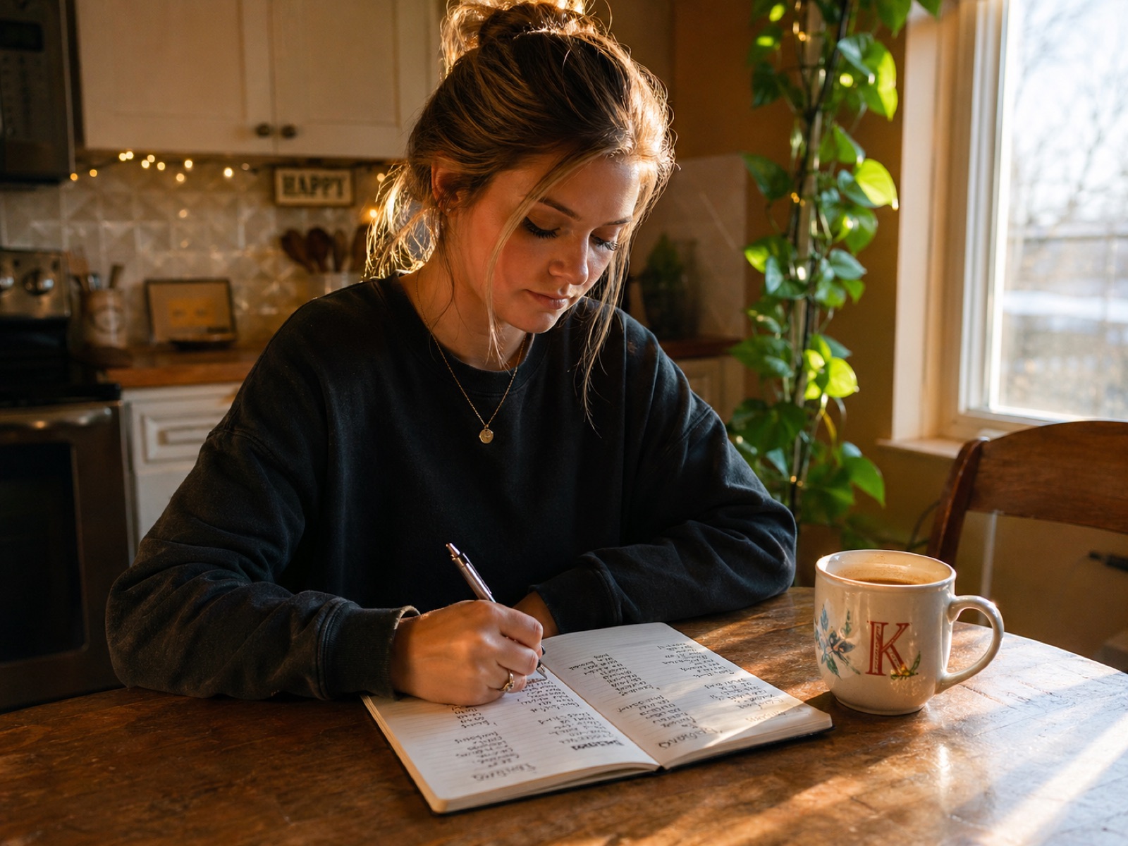 A list of names being written by hand at a kitchen table.