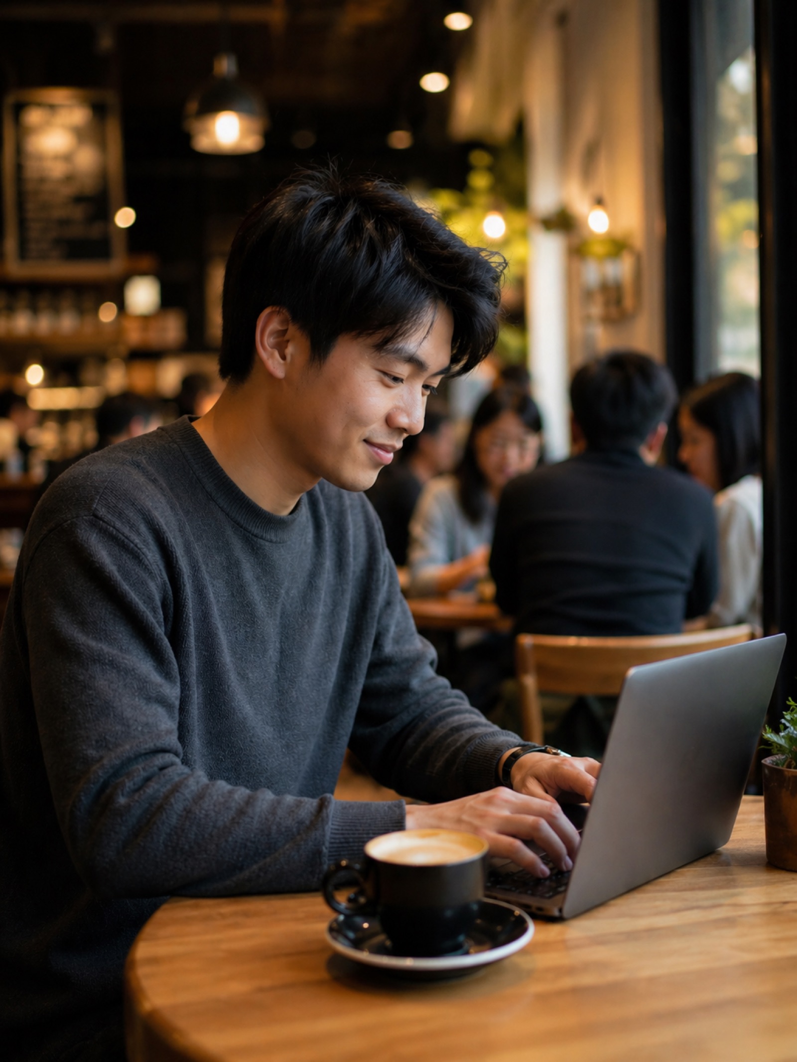 A laptop on a café desk, mid-morning light, drafting an email.