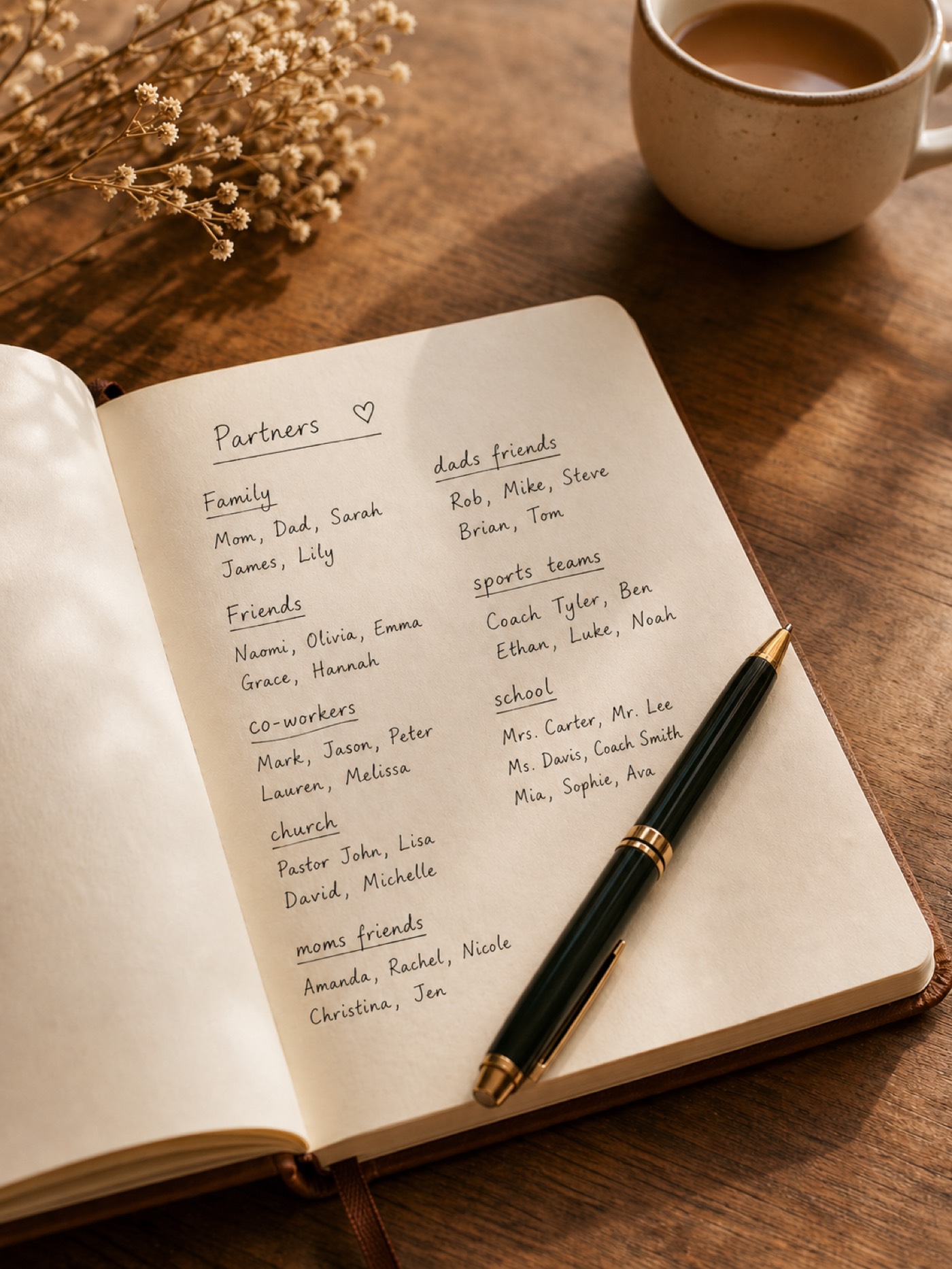An open notebook with names listed in handwriting, soft afternoon light.