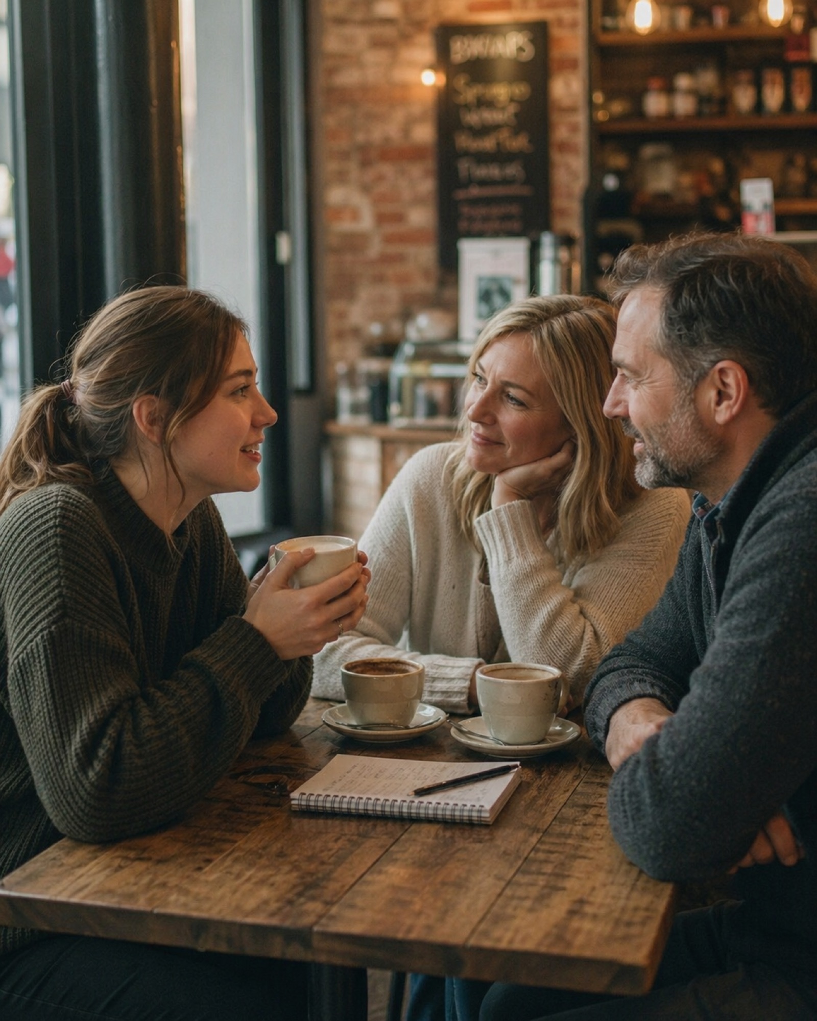 Two people sitting across a small café table, mid-conversation.